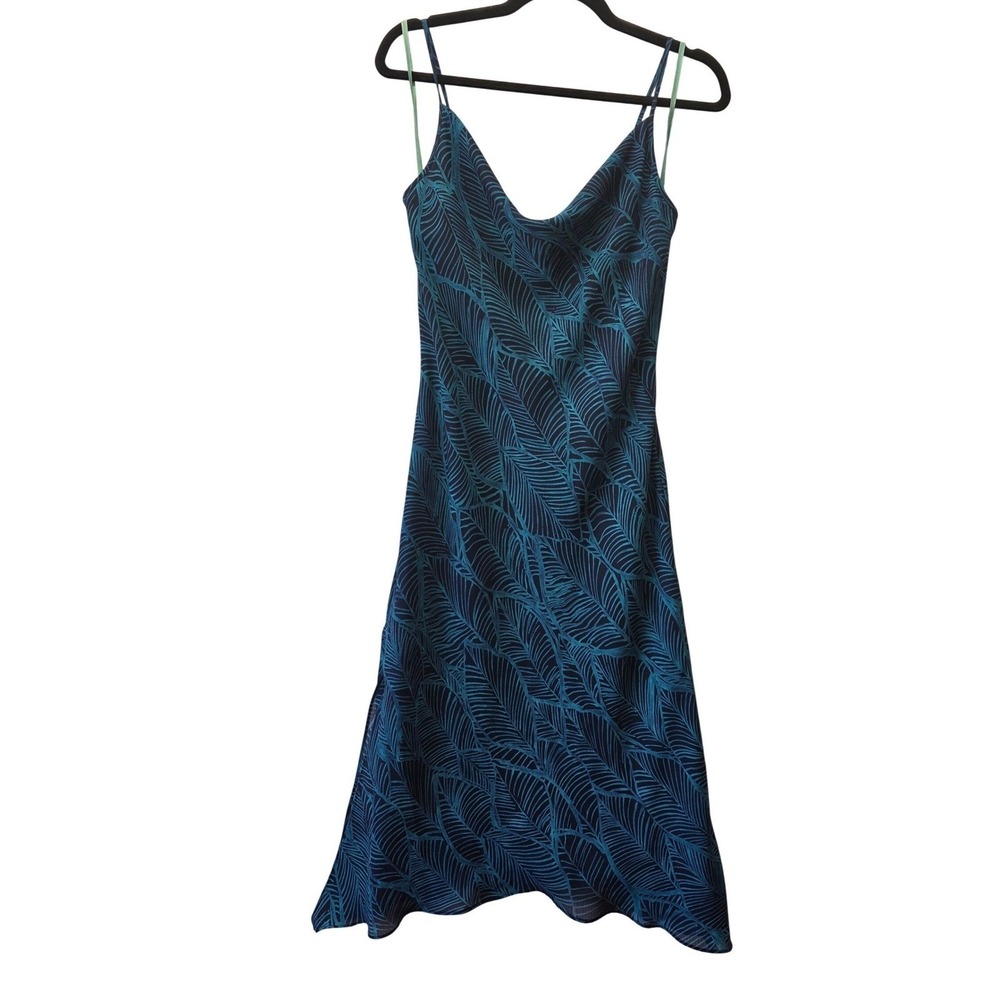 Express Teal Navy Blue‎ Palm Leaf Print Handkerchief Hem Midi Dress Size 5/6